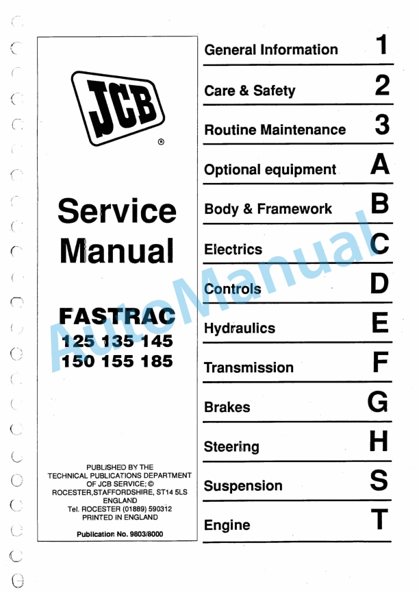 JCB 125, 135, 145, 150, 155, 185 Fastrac Service Manual 9803-8000
