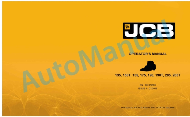 JCB 135, 150T, 155, 175, 190, 190T, 205, 205T Operator Manual 9811-9500