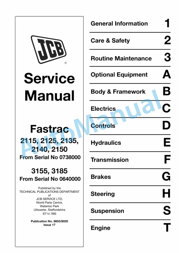 JCB 2115, 2125, 2135, 2140, 2150, 3155, 3185 Fastrac Service Manual 9803-8020