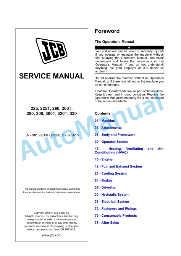 JCB 225, 225T, 260, 260T, 280, 300, 300T, 320T, 330 Service Manual 9813-2300