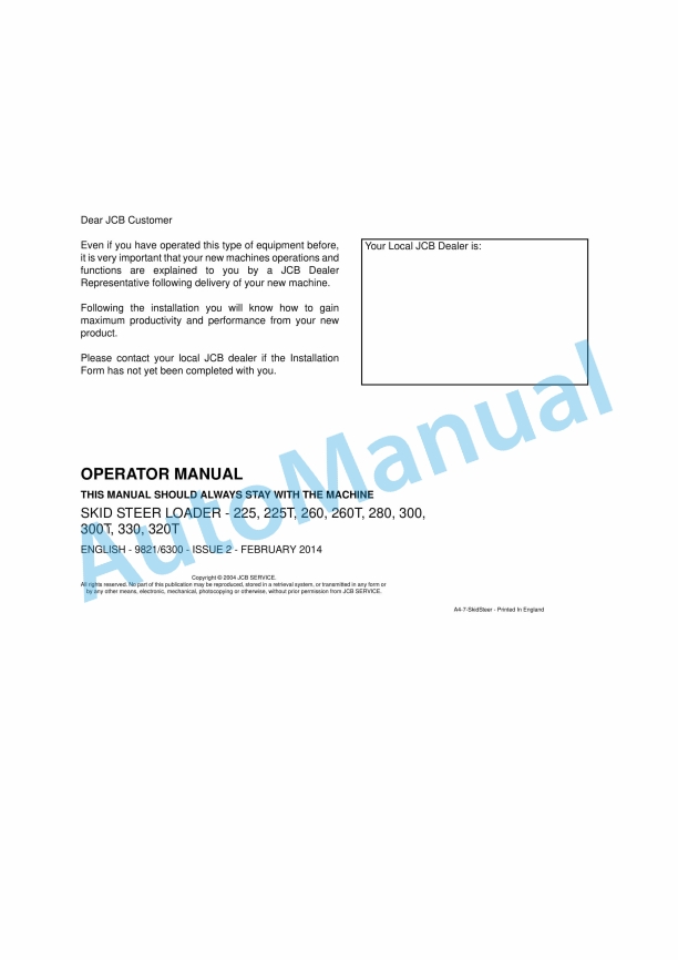 JCB 225, 225T, 260, 260T, 280, 300, 300T, 330, 320T Skid Steer Loader Operator Manual 9821-6300