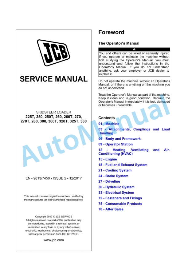 JCB 225T, 250, 250T, 260, 260T, 270, 270T, 280, 300, 300T, 320T, 325T, 330 Skidsteer Loader Service Manual 9813-7450