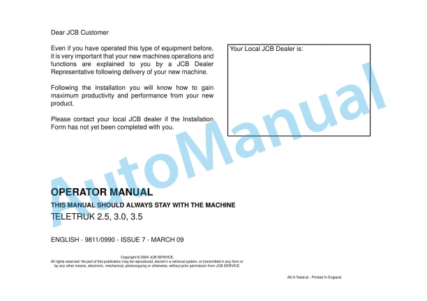 JCB 2.5, 3.0, 3.5 Teletruk Operator Manual 9811-0990