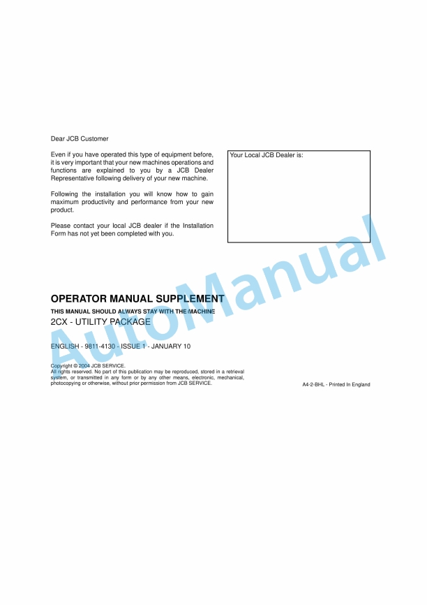 JCB 2CX - Utility Package Operator Manual 9811-4130 1 JCB 2CX - Utility Package Operator Manual 9811-4130