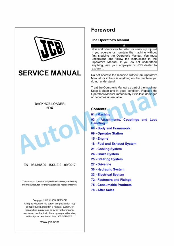 JCB 2DX Backhoe Loader Service Manual 9813-8500