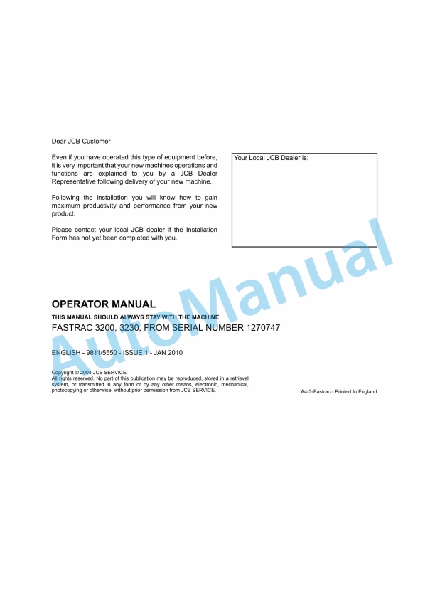JCB 3200, 3230 Fastrac Operator Manual 9811-5550