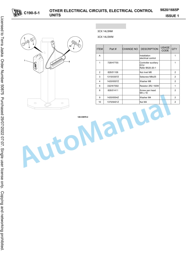 JCB 3CX 14L5NA, 3CX 14L5NM, 3CX 14L5WA, 3CX 14L5WM Owners Parts Book 9820-1665P-2