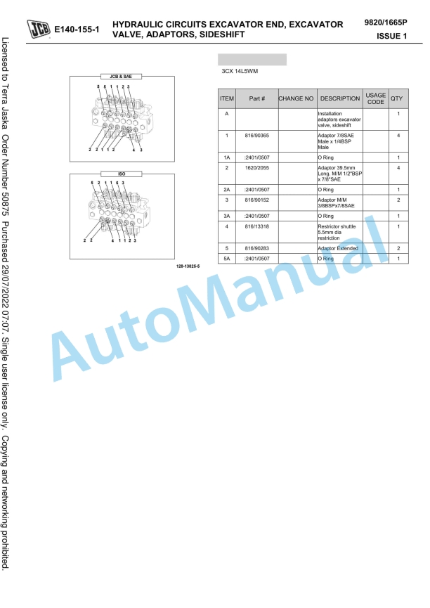 JCB 3CX 14L5NA, 3CX 14L5NM, 3CX 14L5WA, 3CX 14L5WM Owners Parts Book 9820-1665P-4