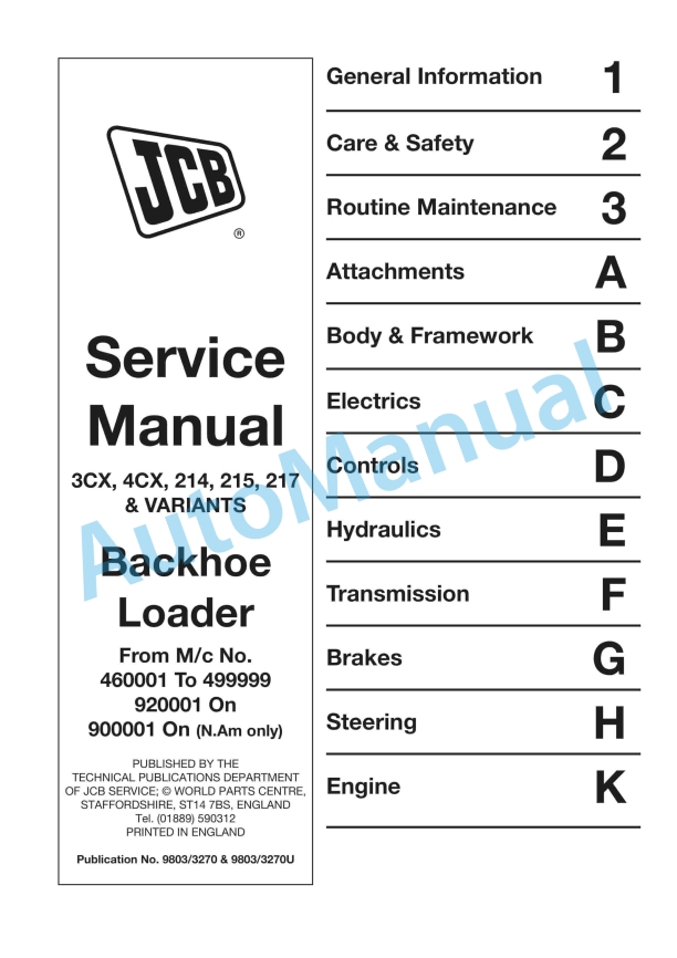 JCB 3CX, 4CX, 214, 215, 217, Variants Service Manual 9803-3270 and 9803-3270U