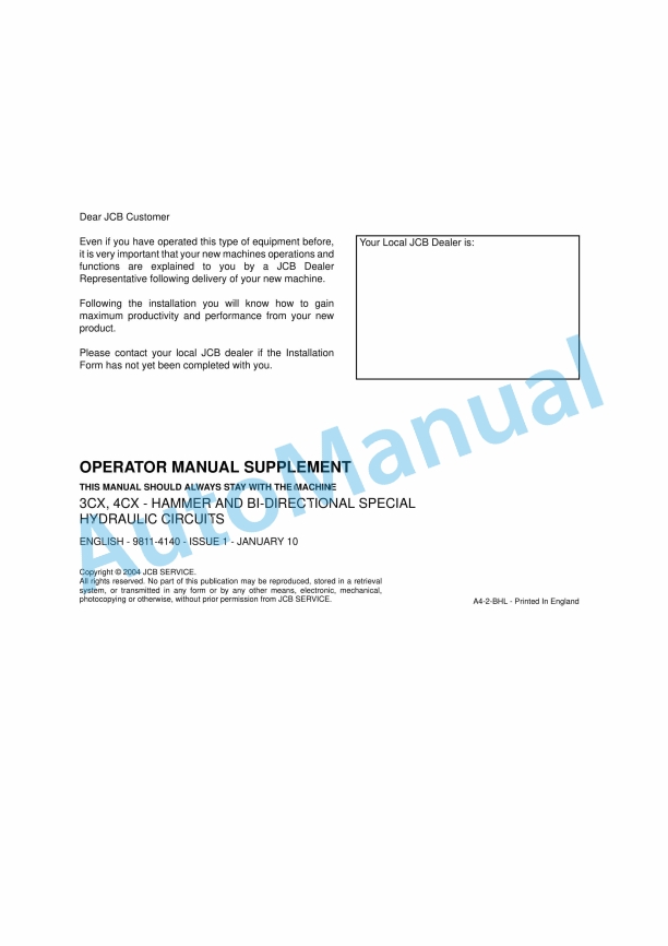 JCB 3CX, 4CX - Hammer And BI-Directional Special Hydraulic Circuits Operator Manual 9811-4140