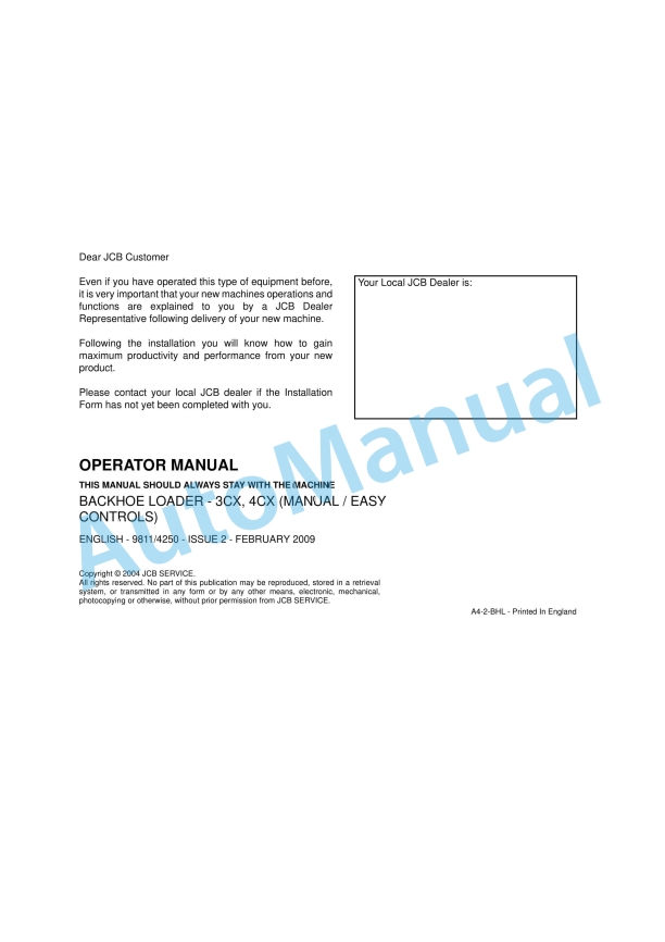 JCB 3CX, 4CX (Manual - Easy Controls) Backhoe Loader Operator Manual 9811-4250