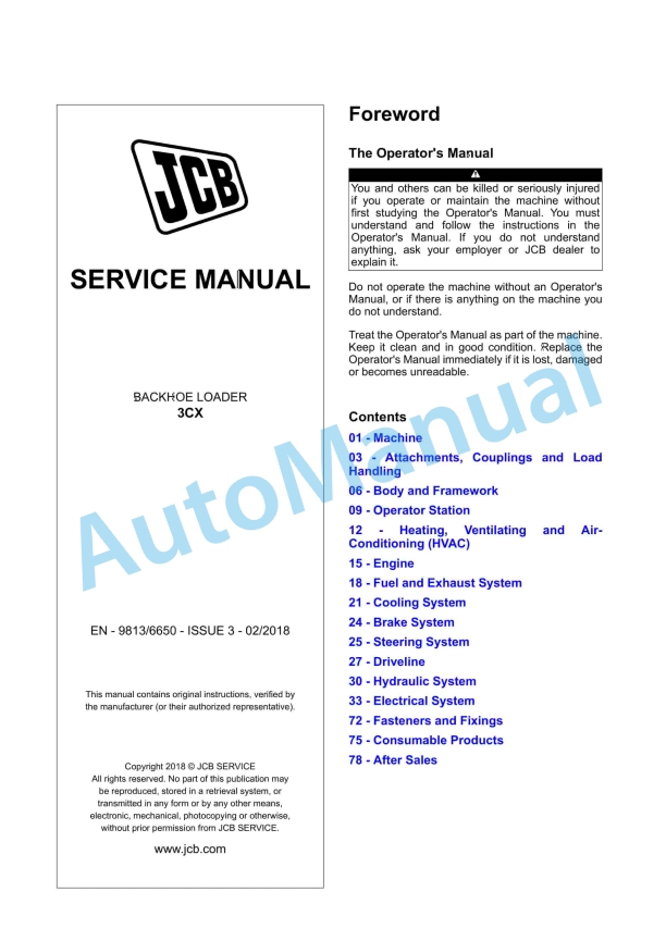 JCB 3CX Backhoe Loader Service Manual 9813-6650