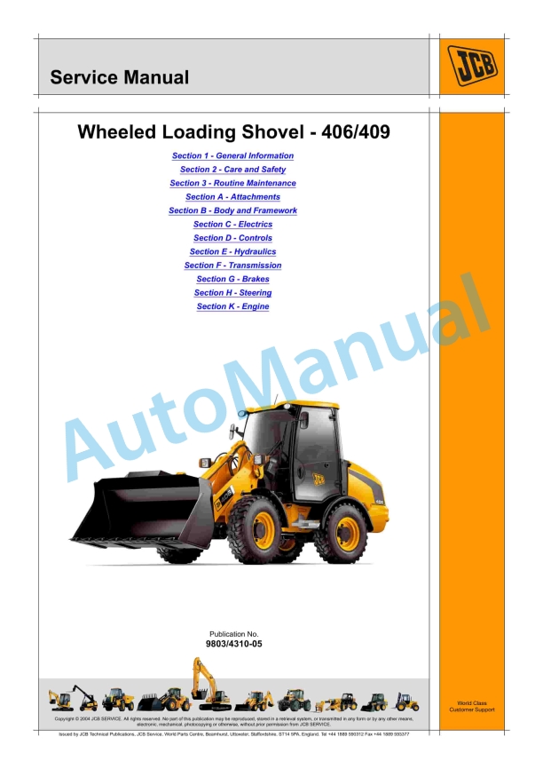 JCB 406, 409 Wheeled Loading Shovel Service Manual 9803-4310