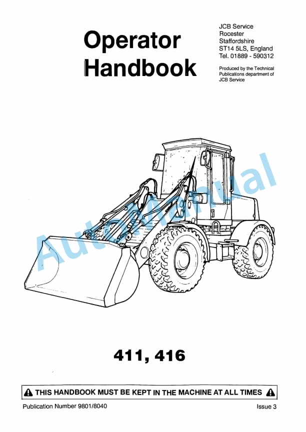 JCB 411, 416 Operator Handbook 9801-8040