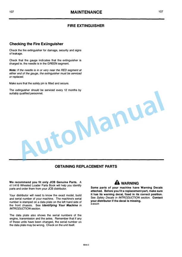 JCB 411, 416 Operator Handbook 9801-8040-5