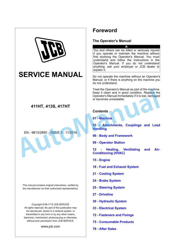 JCB 411HT, 413S, 417HT Service Manual 9813-2850 1 JCB 411HT, 413S, 417HT Service Manual 9813-2850