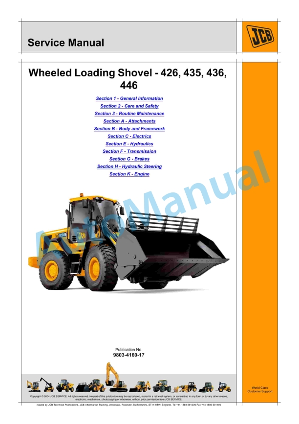 JCB 426, 435, 436, 446 Wheeled Loading Shovel Service Manual 9803-4160