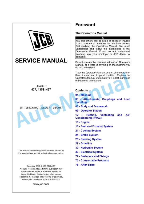 JCB 427, 435S, 437 Loader Service Manual 9813-6100 1 JCB 427, 435S, 437 Loader Service Manual 9813-6100