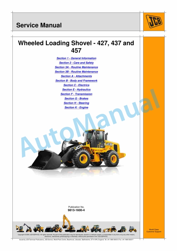 JCB 427, 437, 457 Wheeled Loading Shovel Service Manual 9813-1600