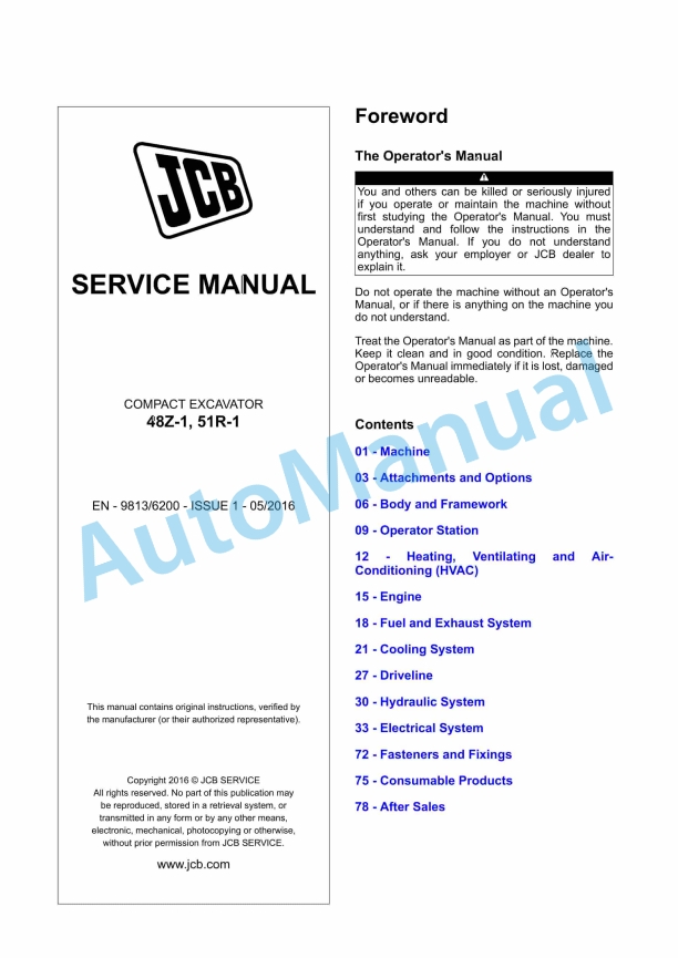 JCB 48Z-1, 51R-1 Compact Excavator Service Manual 9813-6200