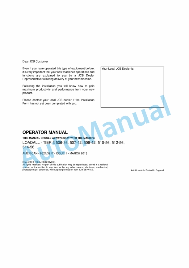 JCB 506-36, 507-42, 509-42, 510-56, 512-56, 514-56 Tier 3 Loadall Operator Manual 9821-3917