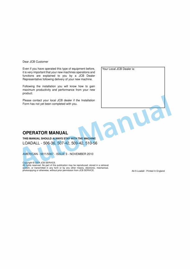 JCB 506-36, 507-42, 509-42, 510-56 Loadall Operator Manual 9811-5967