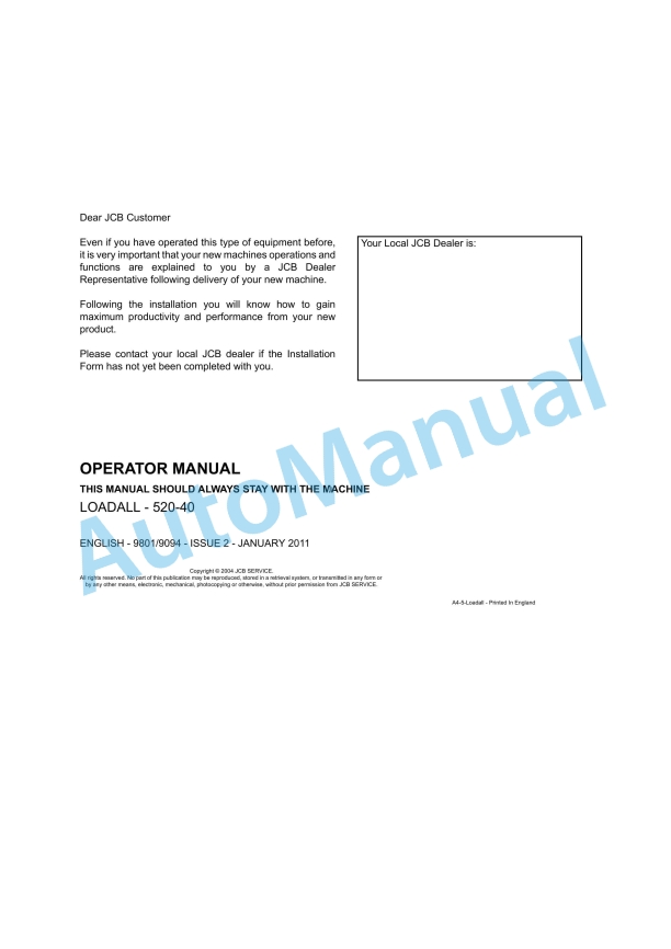 JCB 520-40 Loadall Operator Manual 9801-9094