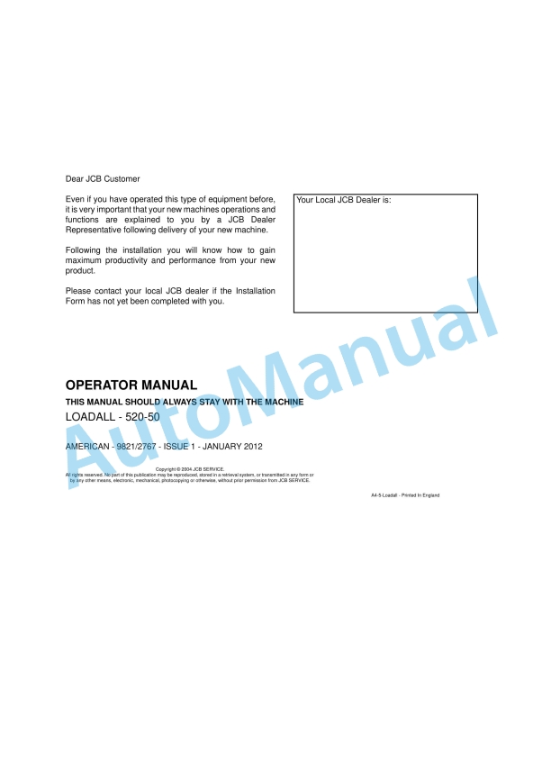 JCB 520-50 Loadall Operator Manual 9821-2767