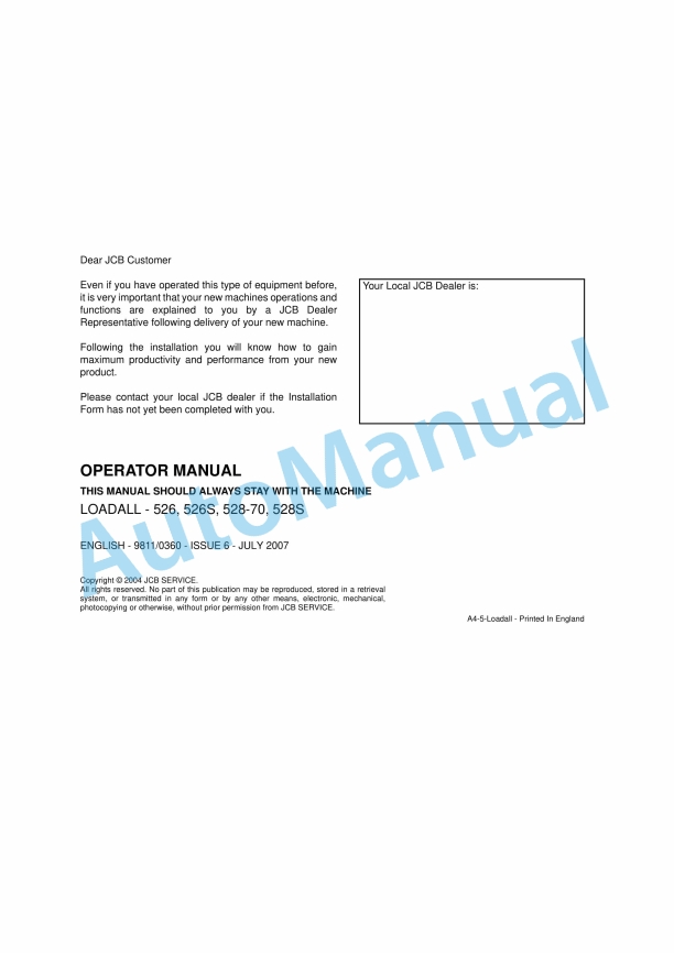JCB 526, 526S, 528-70, 528S Loadall Operator Manual 9811-0360
