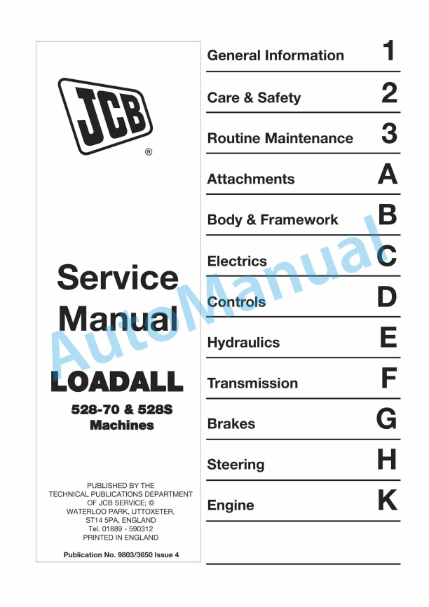 JCB 528-70, 528S Machines Loadall Service Manual 9803-3650