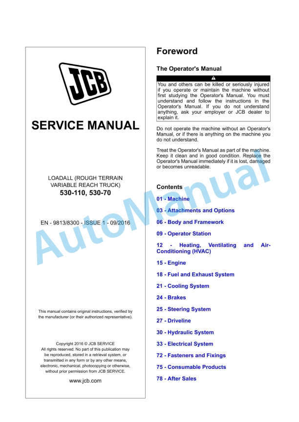 JCB 530-110, 530-70 Loadall Service Manual 9813-8300