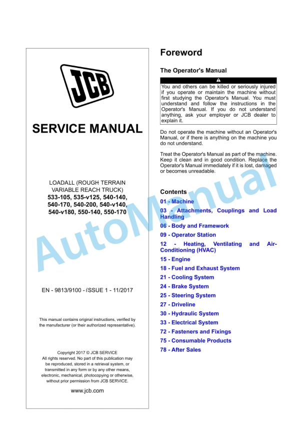 JCB 533-105, 535-v125, 540-140, 540-170, 540-200, 540-v140, 540-v180, 550-140, 550-170 Loadall Service Manual 9813-9100