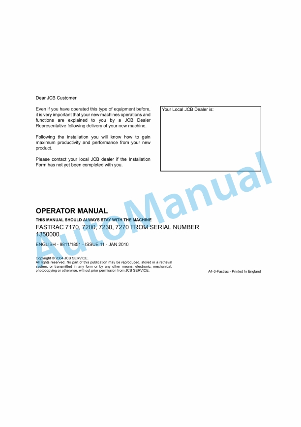 JCB 7170, 7200, 7230, 7270 Fastrac Operator Manual 9811-1851