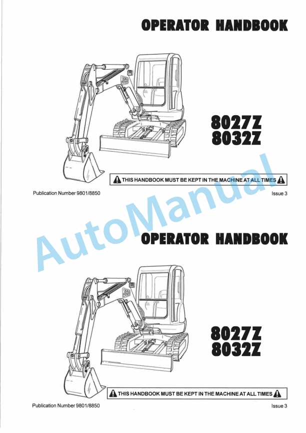 JCB 8027Z, 8032Z Operator Handbook 9801-8850