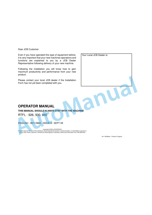 JCB 926, 930, 940 RTFL Operator Manual 9811-0860