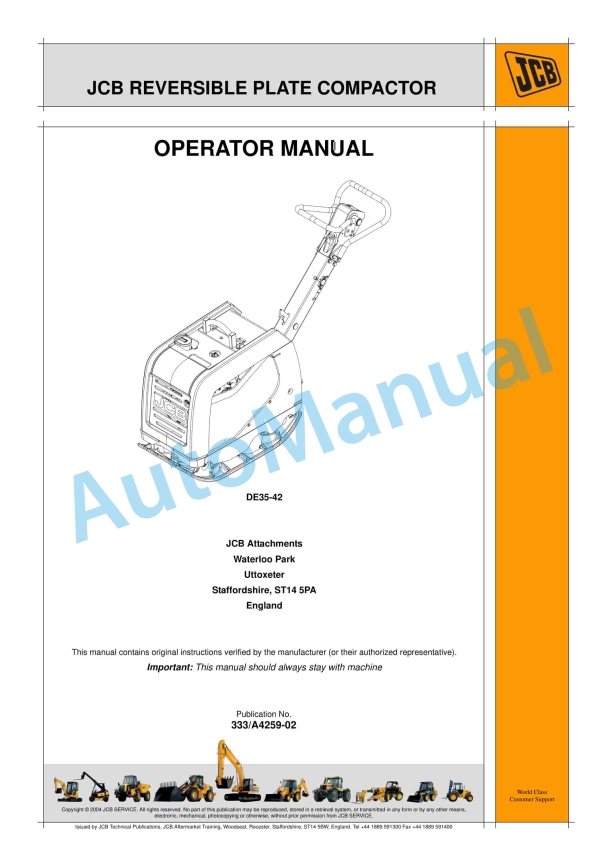 JCB DE35-42 Reversible Plate Compactor Operator Manual 333-A4259-02