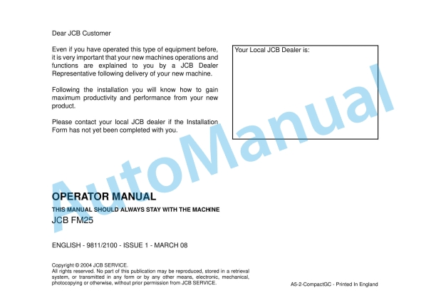 JCB FM25 Operator Manual 9811-2100