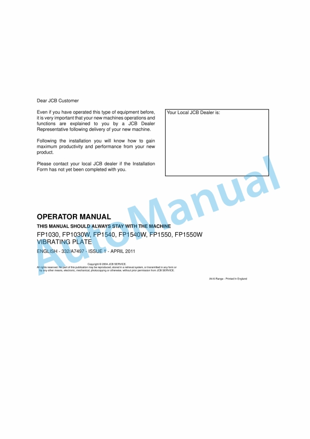 JCB FP1030, FP1030W, FP1540, FP1540W, FP1550, FP1550W Vibrating Plate Operator Manual 332-A7497 1 JCB FP1030, FP1030W, FP1540, FP1540W, FP1550, FP1550W Vibrating Plate Operator Manual 332-A7497