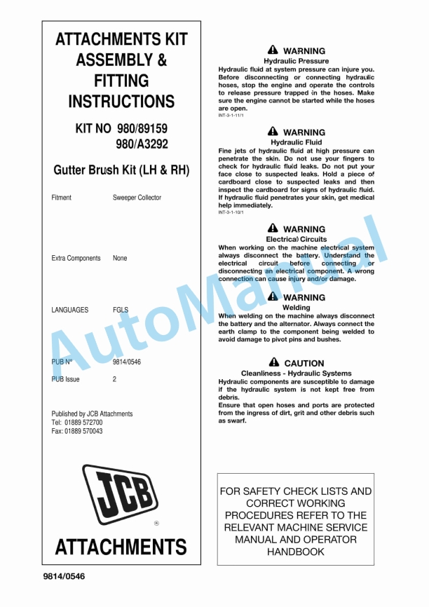 JCB Gutter Brush Kit Attachments Assembly And Instructions 9814-0546 1 JCB Gutter Brush Kit Attachments Assembly And Instructions 9814-0546