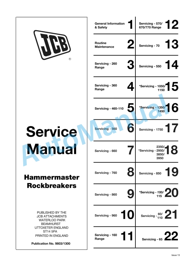 JCB Hammermaster Rockbreakers Service Manual 9803-1300