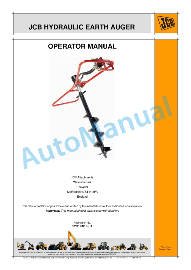 JCB Hydraulic Earth Auger Operator Manual 929-30016-01