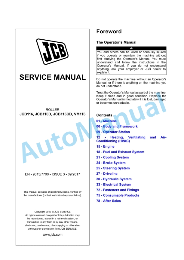 JCB JCB116, JCB116D, JCB116DD, VM116 Roller Service Manual 9813-7700