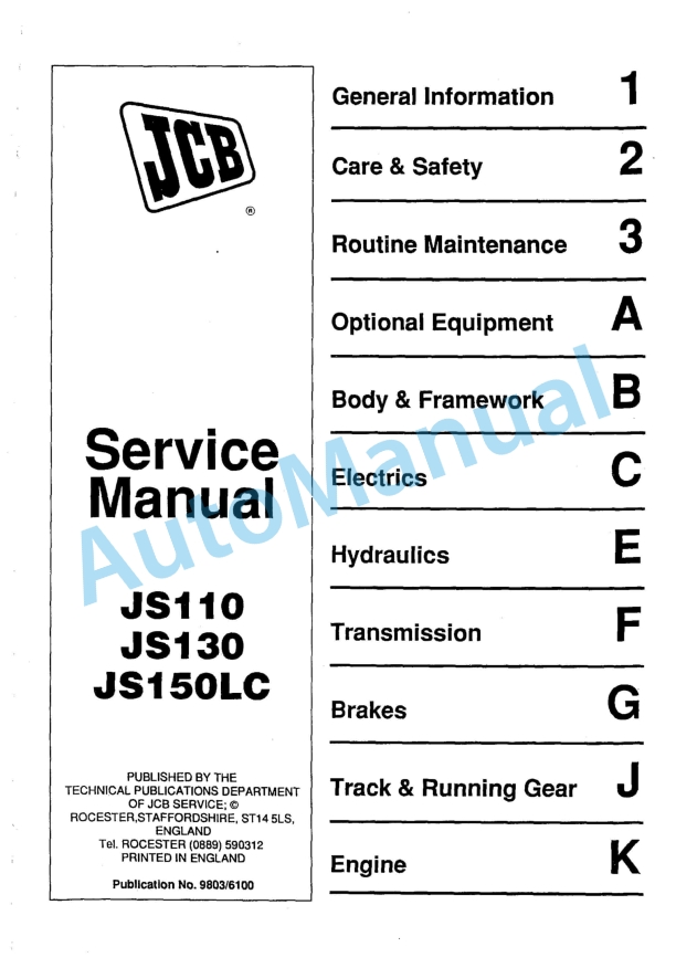 JCB JS110, JS130, JS150LC Service Manual 9803-6100