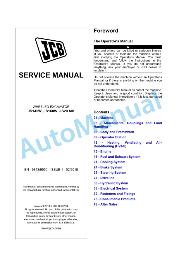 JCB JS145W, JS160W, JS20 MH Wheeled Excavator Service Manual 9813-9550 1 JCB JS145W, JS160W, JS20 MH Wheeled Excavator Service Manual 9813-9550