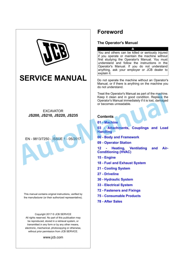 JCB JS200, JS210, JS220, JS235 Excavator Service Manual 9813-7250