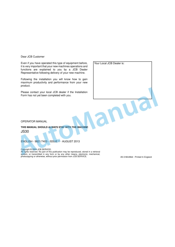 JCB JS30 Operator Manual 9821-7400 1 JCB JS30 Operator Manual 9821-7400