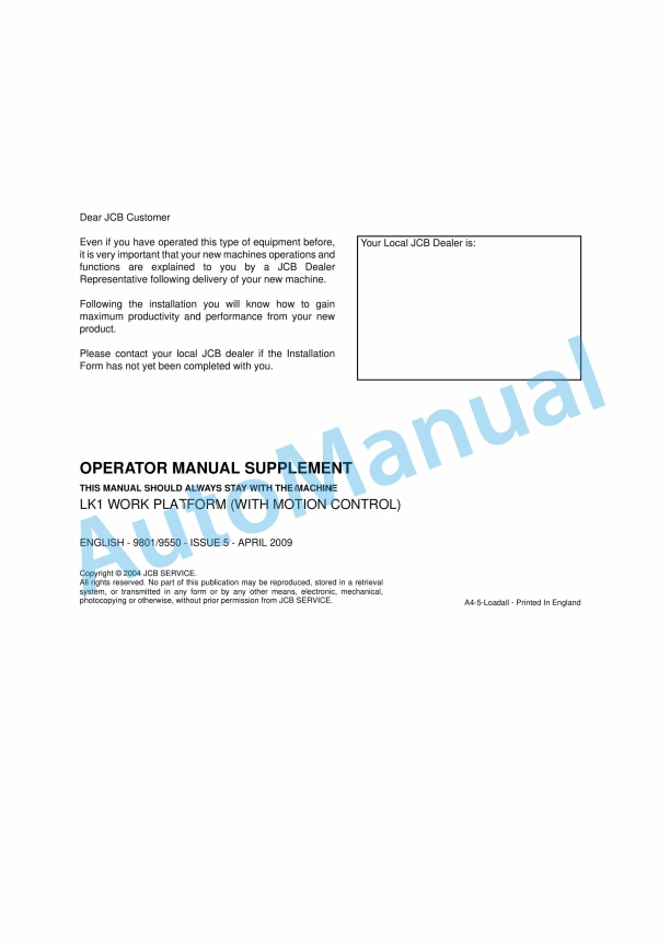 JCB LK1 Work Platform Operator Manual 9801-9550 1 JCB LK1 Work Platform Operator Manual 9801-9550