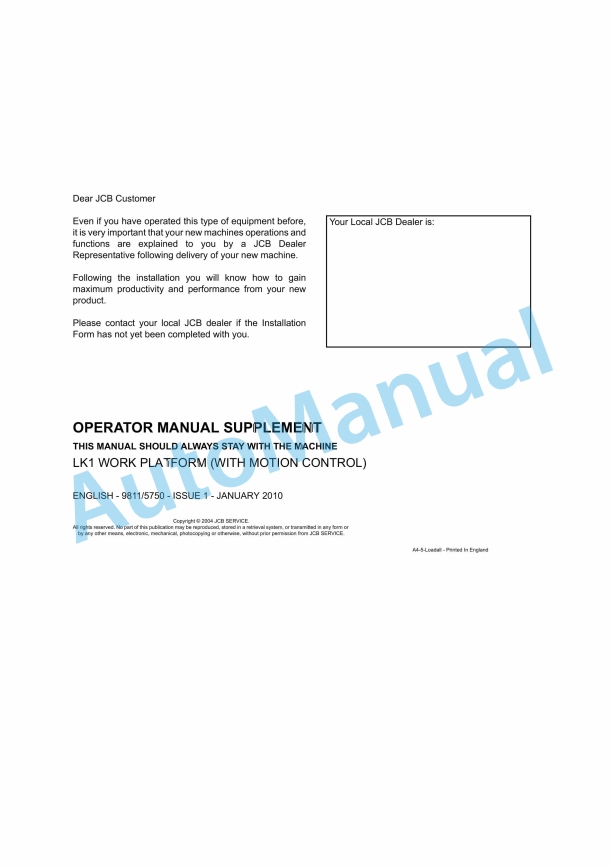 JCB LK1 Work Platform Operator Manual 9811-5750 1 JCB LK1 Work Platform Operator Manual 9811-5750