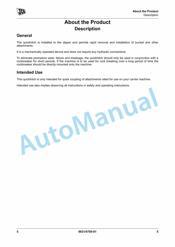 JCB Mechanical Quickhitch Operator Manual 9831-4700 2 JCB Mechanical Quickhitch Operator Manual 9831-4700 - Image 2