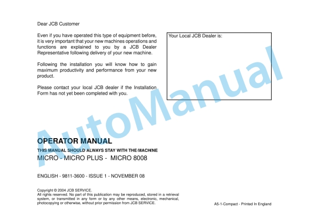 JCB Micro - Micro Plus - Micro 8008 Operator Manual 9811-3600 1 JCB Micro - Micro Plus - Micro 8008 Operator Manual 9811-3600